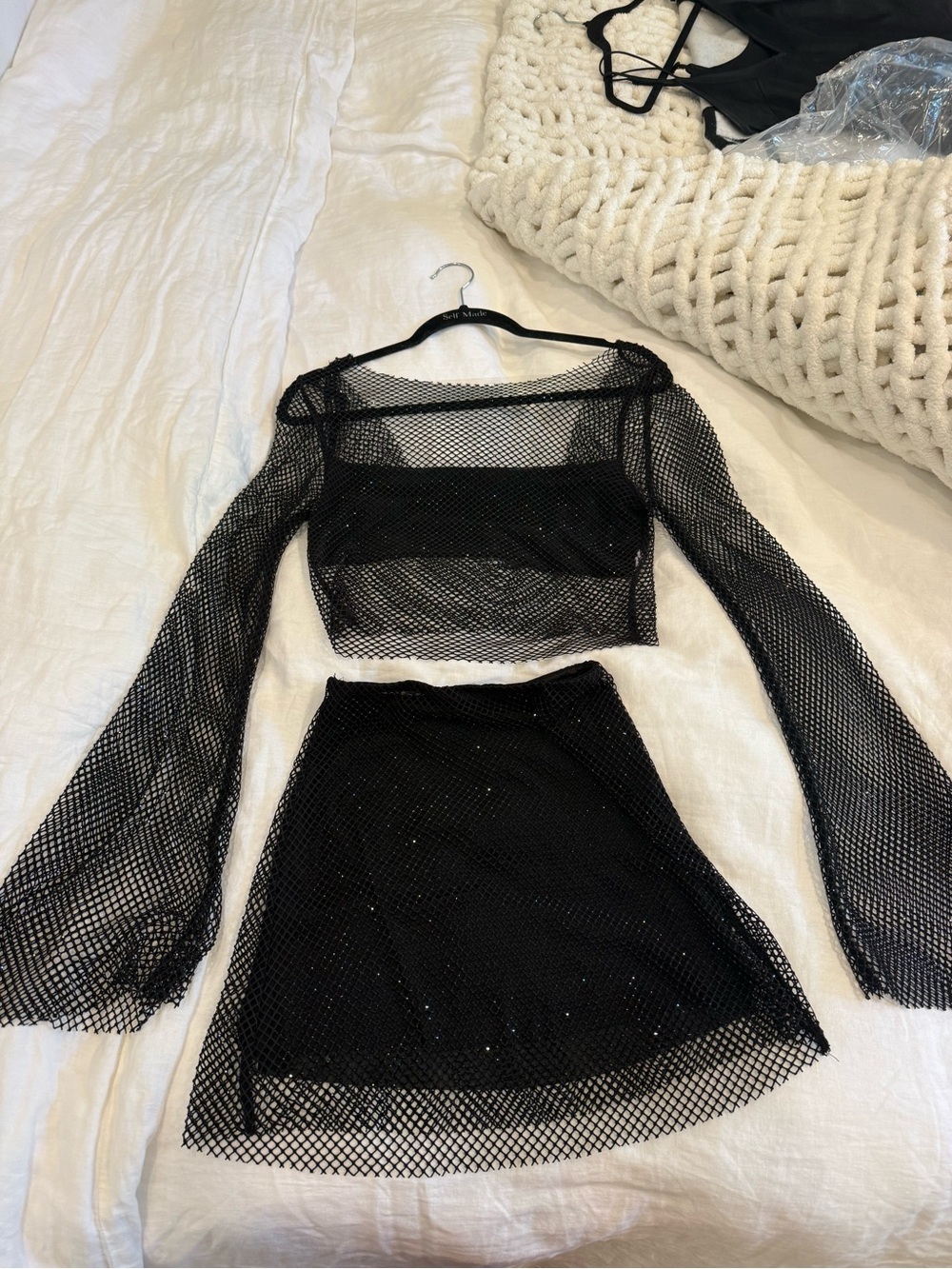 Black Mesh Two-Piece Set - Cropped Top & Mini Skirt